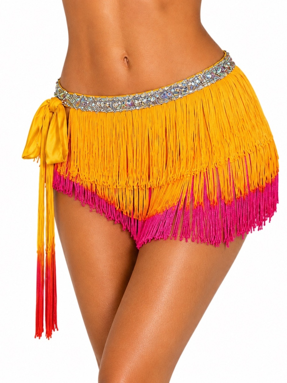 NEW Samba Fringe Hip Scarf Skirt | Yellow Pink Ombré Sequin Dance Festival - OS